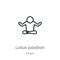 Lotus position icon. Thin linear lotus position outline icon isolated on white background from religion collection. Line vector sign, symbol for web and mobile