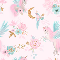 Fototapeta na wymiar Fairy magical garden. Unicorn seamless pattern, pink, blue, gold flowers, leaves , birds and clouds. Kids room wallpaper