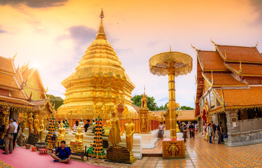 Wat Phra That Doi Suthep with golden morning sky, the most famous temple in Chiang Mai, Thailand - Powered by Adobe