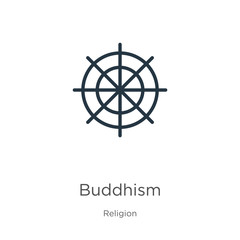 Buddhism icon. Thin linear buddhism outline icon isolated on white background from religion collection. Line vector sign, symbol for web and mobile