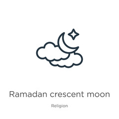 Ramadan crescent moon icon. Thin linear ramadan crescent moon outline icon isolated on white background from religion collection. Line vector sign, symbol for web and mobile