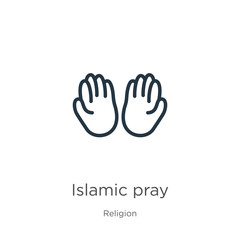 Islamic pray icon. Thin linear islamic pray outline icon isolated on white background from religion collection. Line vector sign, symbol for web and mobile