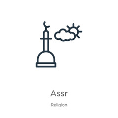 Assr icon. Thin linear assr outline icon isolated on white background from religion collection. Line vector sign, symbol for web and mobile