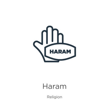 Haram icon. Thin linear haram outline icon isolated on white background from religion collection. Line vector sign, symbol for web and mobile