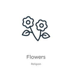 Flowers icon. Thin linear flowers outline icon isolated on white background from religion collection. Line vector sign, symbol for web and mobile