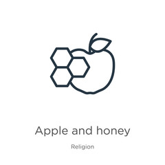 Apple and honey icon. Thin linear apple and honey outline icon isolated on white background from religion collection. Line vector sign, symbol for web and mobile