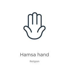 Hamsa hand icon. Thin linear hamsa hand outline icon isolated on white background from religion collection. Line vector sign, symbol for web and mobile