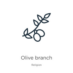 Olive branch icon. Thin linear olive branch outline icon isolated on white background from religion collection. Line vector sign, symbol for web and mobile