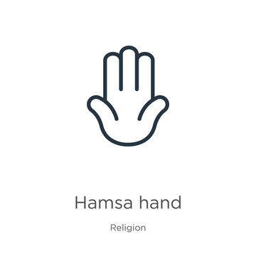 Hamsa hand icon. Thin linear hamsa hand outline icon isolated on white background from religion collection. Line vector sign, symbol for web and mobile