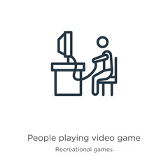 People playing video game icon. Thin linear people playing video game outline icon isolated on white background from recreational games collection. Line vector sign, symbol for web and mobile