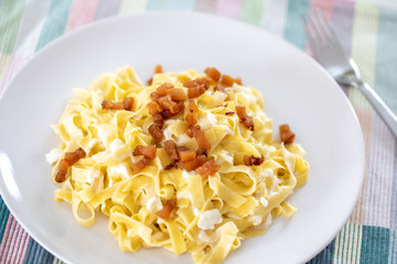 close up of fresh homemade pasta with cheese and fried bacon