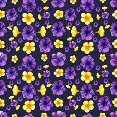 Seamless pattern of watercolor purple and yellow flowers. Dark purple background