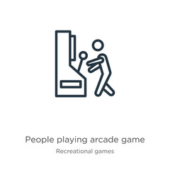 People playing arcade game icon. Thin linear people playing arcade game outline icon isolated on white background from recreational games collection. Line vector sign, symbol for web and mobile