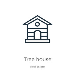 Tree house icon. Thin linear tree house outline icon isolated on white background from real estate collection. Line vector sign, symbol for web and mobile