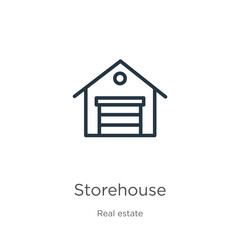Storehouse icon. Thin linear storehouse outline icon isolated on white background from real estate collection. Line vector sign, symbol for web and mobile