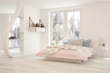 Stylish bedroom in white color with winter landscape in window. Scandinavian interior design. 3D illustration