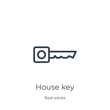 House Key Icon. Thin Linear House Key Outline Icon Isolated On White Background From Real Estate Collection. Line Vector Sign, Symbol For Web And Mobile