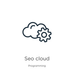 Seo cloud icon. Thin linear seo cloud outline icon isolated on white background from programming collection. Line vector sign, symbol for web and mobile