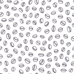 Vector line art coffee bean pattern with thin black outline bean on white background. Breakfast, bar, hotel, restaurant, menu.