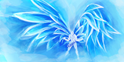 Abstract 3d rendering illustration of a broken angel with wings screaming in pain