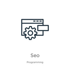 Seo icon. Thin linear seo outline icon isolated on white background from programming collection. Line vector sign, symbol for web and mobile