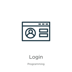 Login icon. Thin linear login outline icon isolated on white background from programming collection. Line vector sign, symbol for web and mobile