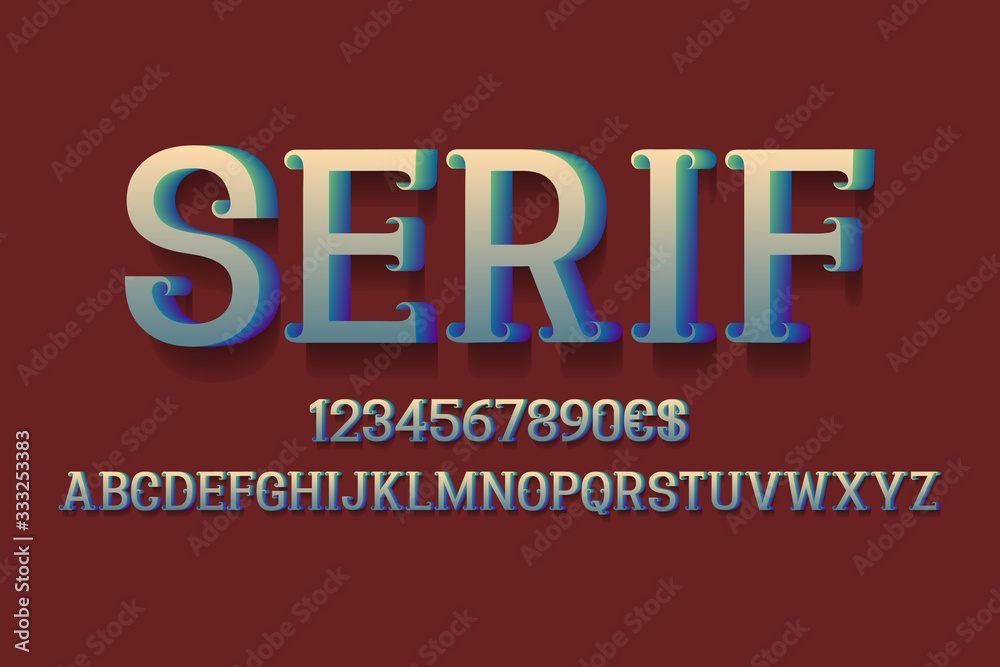 Fototapete serif alphabet with numbers and currency signs. 3d retro font.