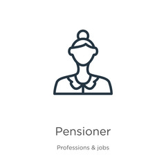 Pensioner icon. Thin linear pensioner outline icon isolated on white background from professions collection. Line vector sign, symbol for web and mobile