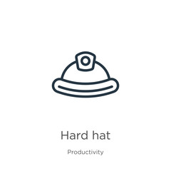 Hard hat icon. Thin linear hard hat outline icon isolated on white background from productivity collection. Line vector sign, symbol for web and mobile