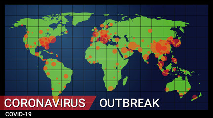 Covid-19 Coronavirus outbreak illustrated with red circle indicate the severity on a world map with news screen style