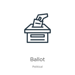 Ballot icon. Thin linear ballot outline icon isolated on white background from political collection. Line vector sign, symbol for web and mobile