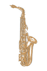 Naklejka premium Vector engraved style illustration for posters, decoration and print. Hand drawn sketch of saxophone in colorful isolated on white background. Detailed vintage woodcut style drawing.
