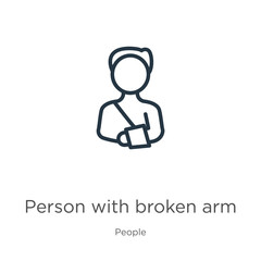 Person with broken arm icon. Thin linear person with broken arm outline icon isolated on white background from people collection. Line vector sign, symbol for web and mobile