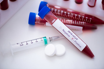 Test tube with blood sample for COVID-19 test, novel coronavirus 2019. Concept of vaccination,...
