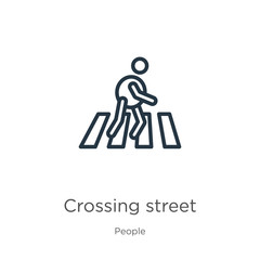 Fototapeta premium Crossing street icon. Thin linear crossing street outline icon isolated on white background from people collection. Line vector sign, symbol for web and mobile