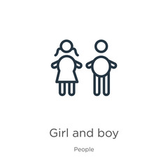 Obraz premium Girl and boy icon. Thin linear girl and boy outline icon isolated on white background from people collection. Line vector sign, symbol for web and mobile