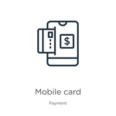 Mobile card icon. Thin linear mobile card outline icon isolated on white background from payment collection. Line vector sign, symbol for web and mobile