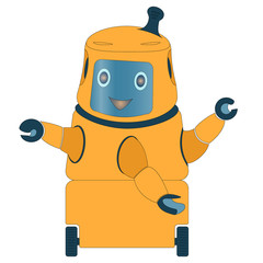 The robot is an assistant in everyday life. Artificial Intelligence. Sociable and funny robot. Isolated on a white.