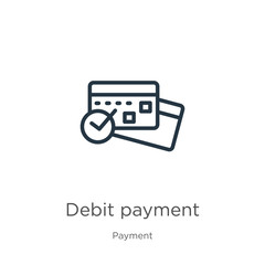 Debit payment icon. Thin linear debit payment outline icon isolated on white background from payment collection. Line vector sign, symbol for web and mobile