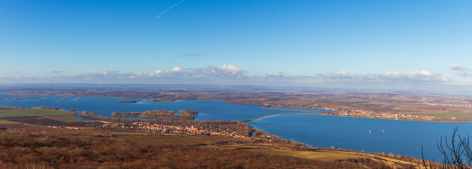 Panorama of Mušov lakes in beautiful autumn weather. Photo from the ruins of Girl's Castles in Palava in the Czech Republic