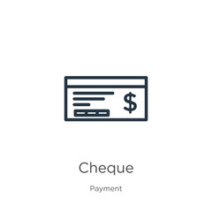Cheque icon. Thin linear cheque outline icon isolated on white background from payment collection. Line vector sign, symbol for web and mobile