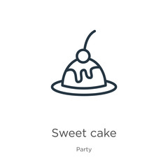 Sweet cake icon. Thin linear sweet cake outline icon isolated on white background from party collection. Line vector sign, symbol for web and mobile