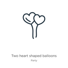 Two heart shaped balloons icon. Thin linear two heart shaped balloons outline icon isolated on white background from party collection. Line vector sign, symbol for web and mobile