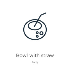 Bowl with straw icon. Thin linear bowl with straw outline icon isolated on white background from party collection. Line vector sign, symbol for web and mobile