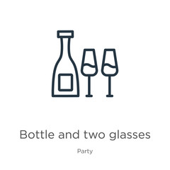 Bottle and two glasses icon. Thin linear bottle and two glasses outline icon isolated on white background from party collection. Line vector sign, symbol for web and mobile