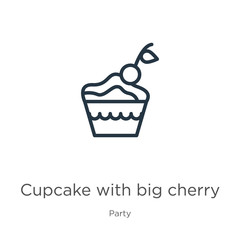 Cupcake with big cherry icon. Thin linear cupcake with big cherry outline icon isolated on white background from party collection. Line vector sign, symbol for web and mobile