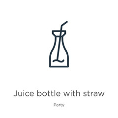 Juice bottle with straw icon. Thin linear juice bottle with straw outline icon isolated on white background from party collection. Line vector sign, symbol for web and mobile