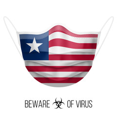 Medical Mask with National Flag of Liberia as Icon on White. Protective Mask Virus and Flu. Surgery Concept of Health Care Problems and Fight Novel Coronavirus (2019-nCoV) in Form of Liberian flag