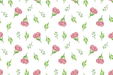 Repeat pattern of loose pink flowers and leaves, hand drawn watercolor illustration on the white background for making textile, gift paper simple ornament