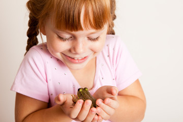 Happy Princess Girl Holding a Frog, Fairy Tale Magic